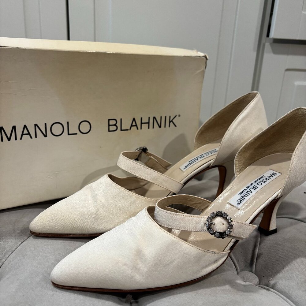 Manolo Blahnik Ivory Satin Mary Jane Heels with Crystal Accent